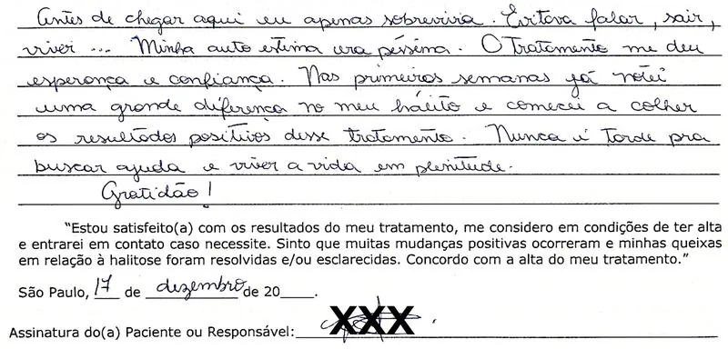 Depoimento manuscrito — Paciente atendida, Maio de 2025