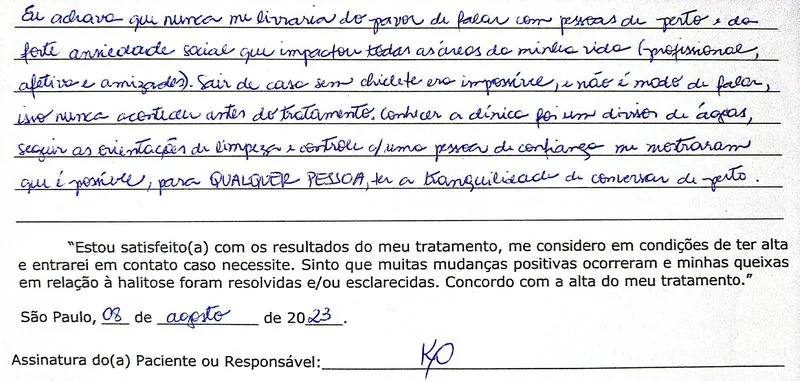 Depoimento manuscrito — Paciente atendida, Novembro de 2021