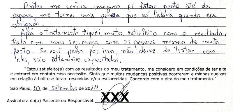 Depoimento manuscrito — Paciente atendida, Agosto de 2023