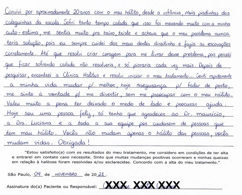 Depoimento manuscrito — Paciente atendido, Setembro de 2024