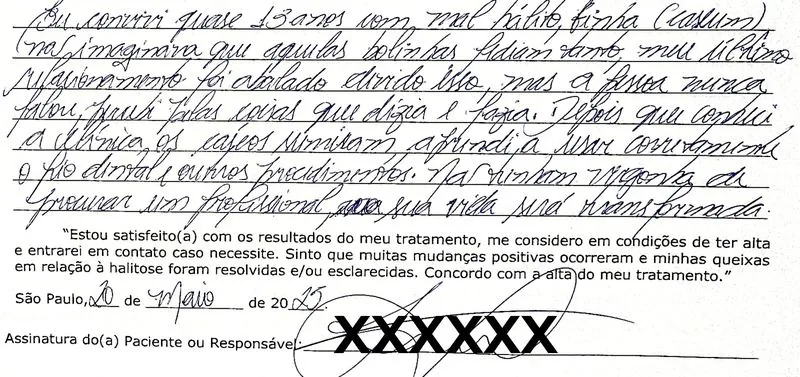 Depoimento manuscrito — Paciente atendida, Dezembro de 2024
