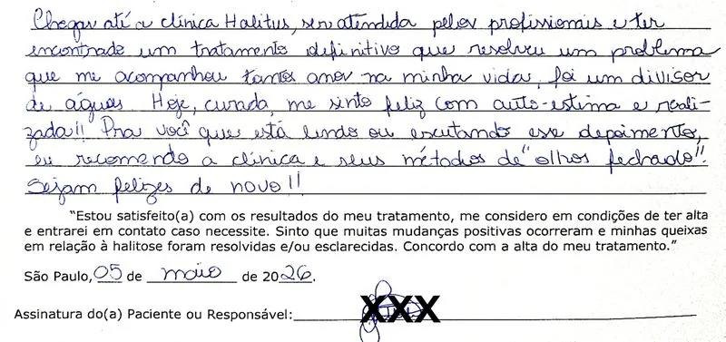 Depoimento manuscrito — Paciente atendida, Maio de 2026