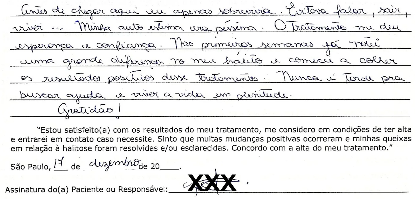 Depoimento manuscrito — Paciente atendida, Maio de 2025