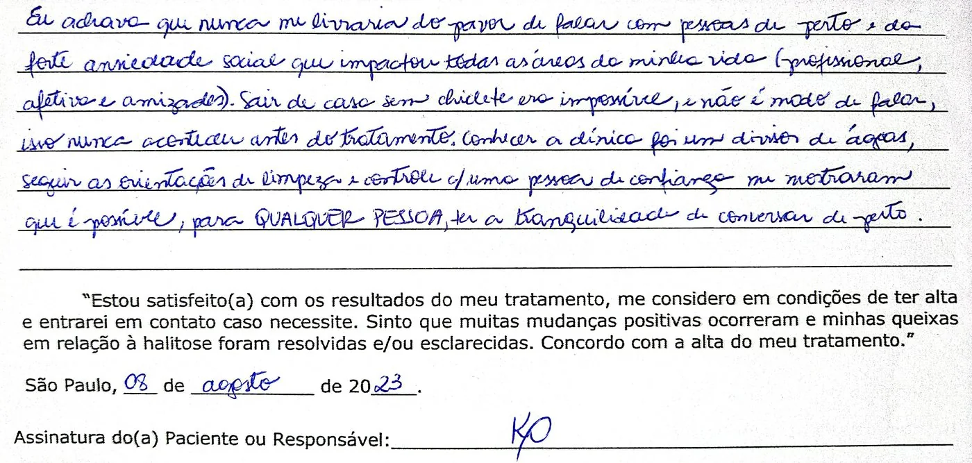 Depoimento manuscrito — Paciente atendida, Novembro de 2021