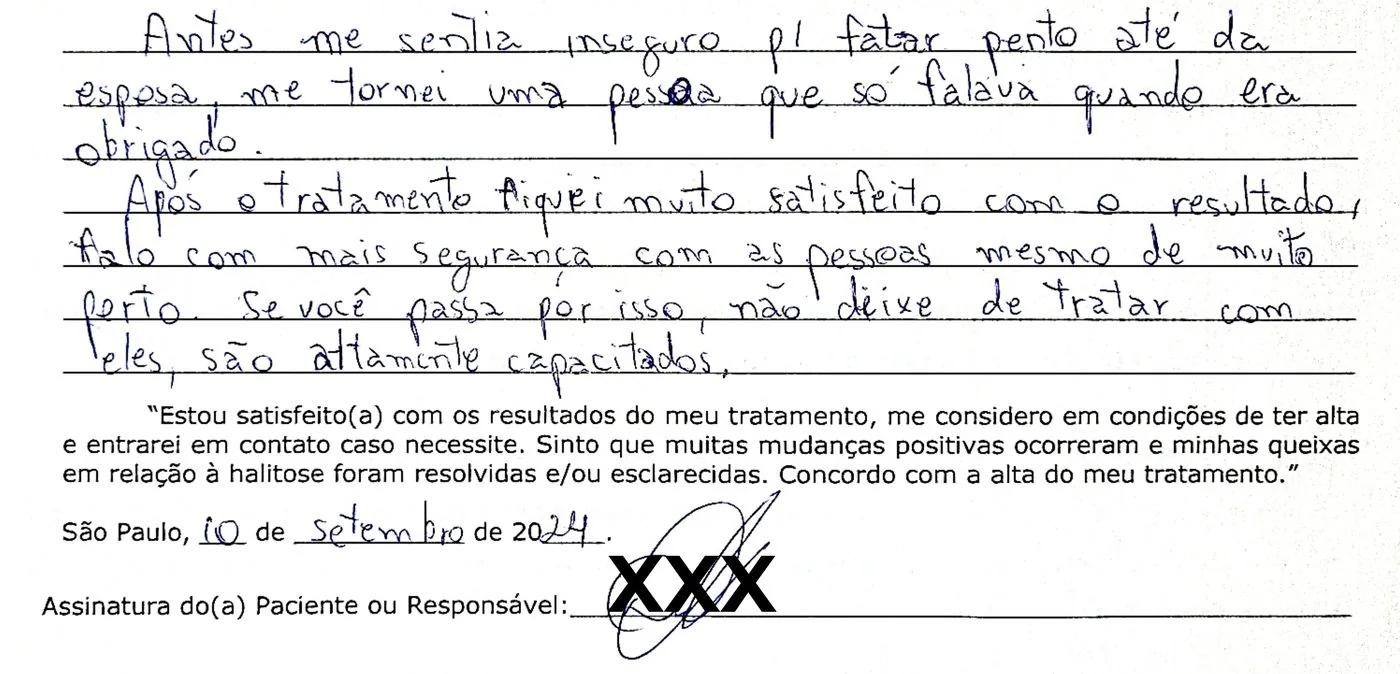 Depoimento manuscrito — Paciente atendida, Agosto de 2023