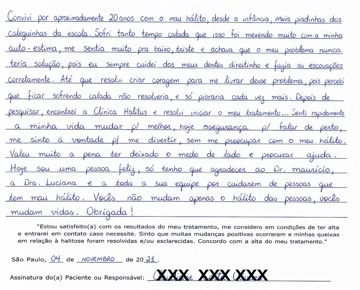 Depoimento manuscrito — Paciente atendido, Setembro de 2024