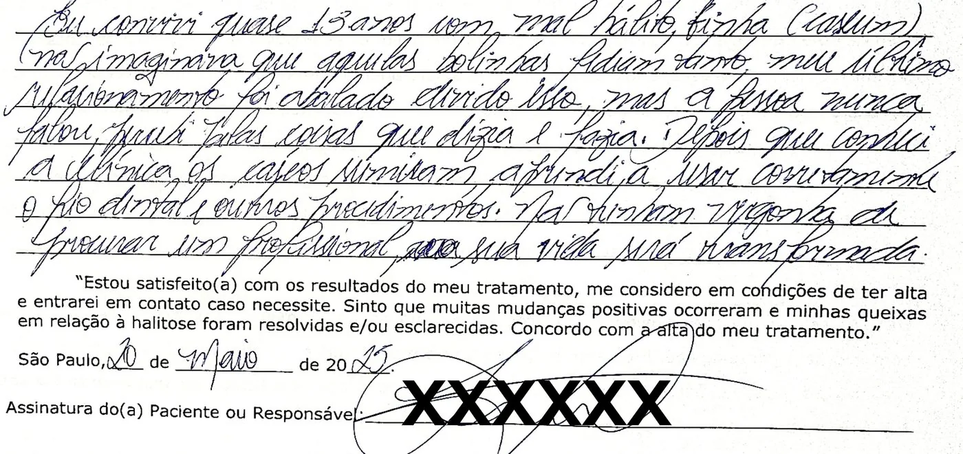 Depoimento manuscrito — Paciente atendida, Dezembro de 2024