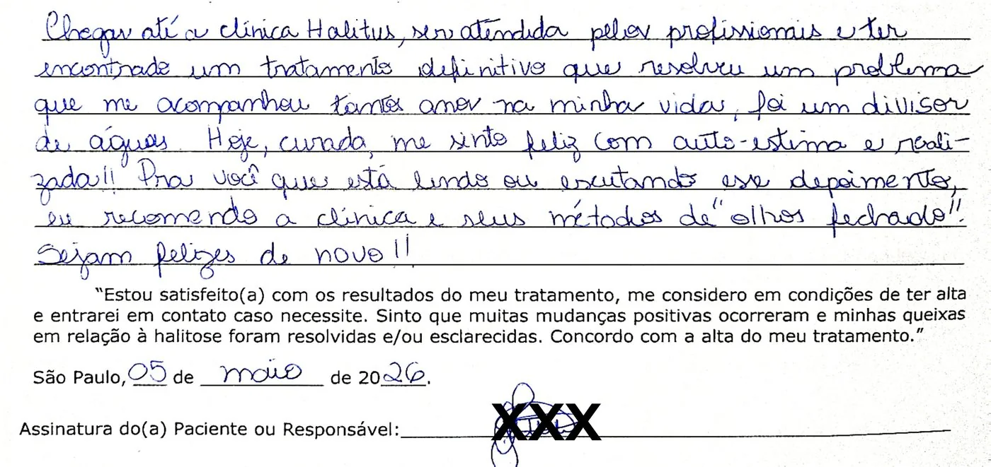 Depoimento manuscrito — Paciente atendida, Maio de 2026