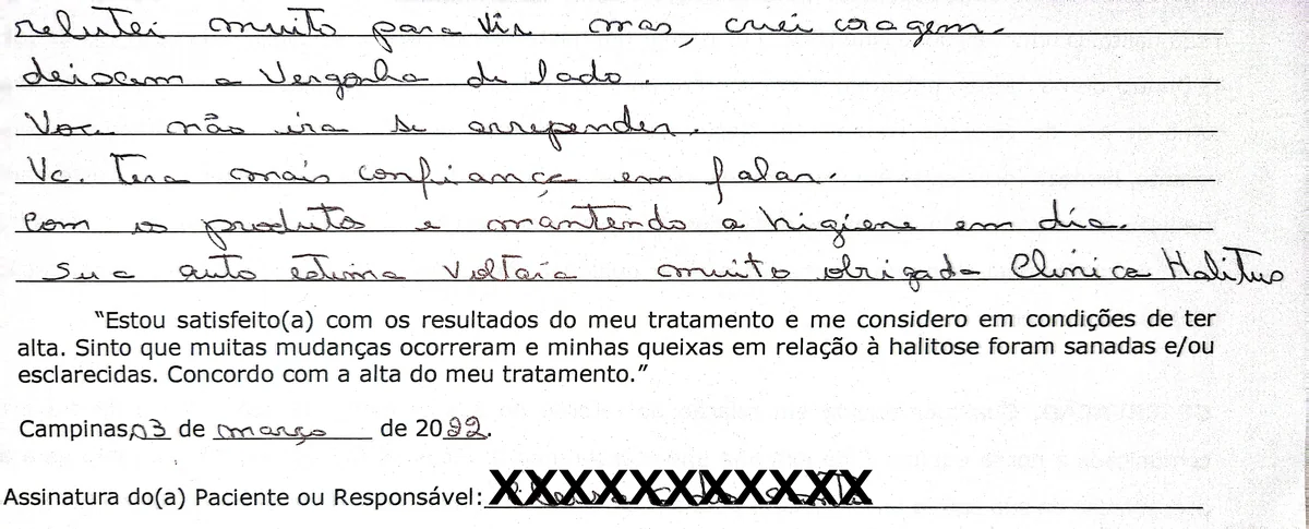 Depoimento manuscrito de paciente da Clínica Halitus