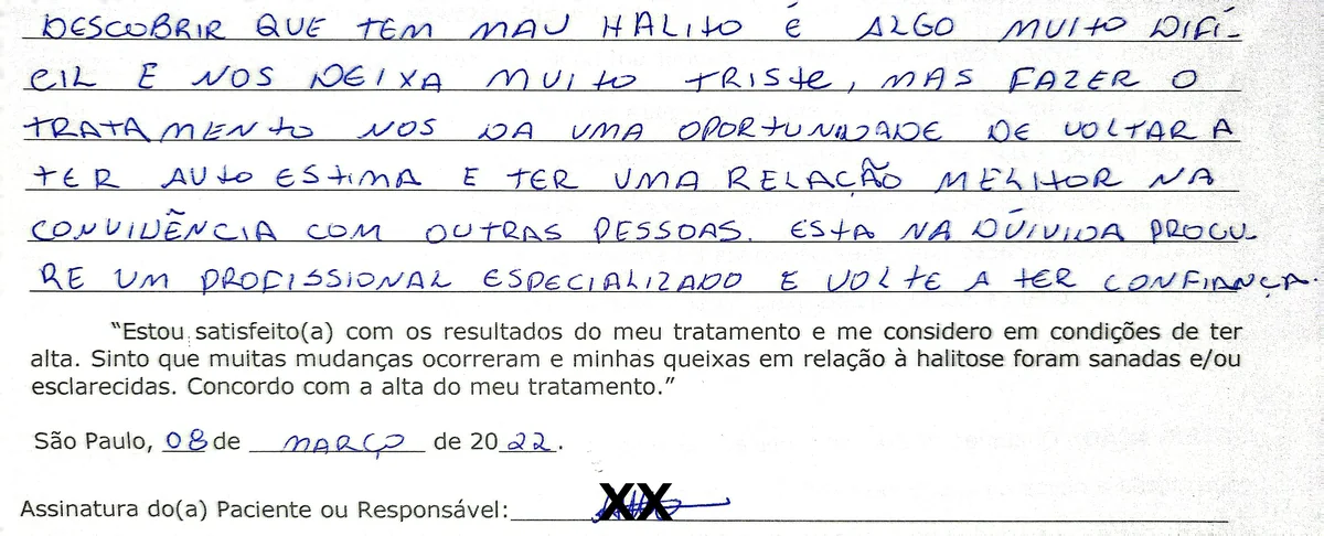 Depoimento manuscrito de paciente da Clínica Halitus