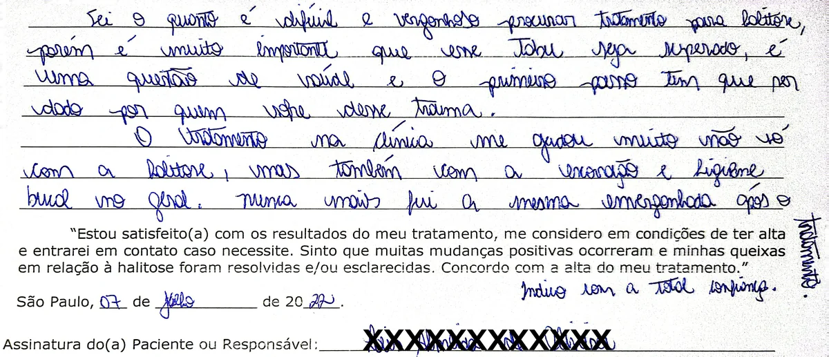 Depoimento manuscrito de paciente da Clínica Halitus