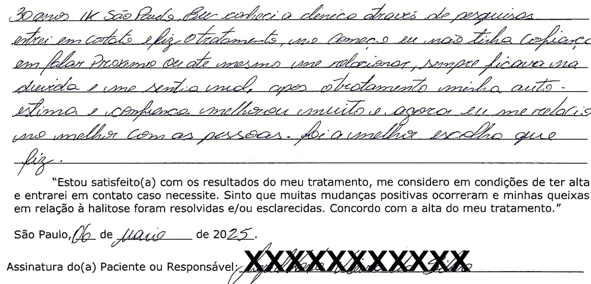 Depoimento manuscrito de paciente da Clínica Halitus