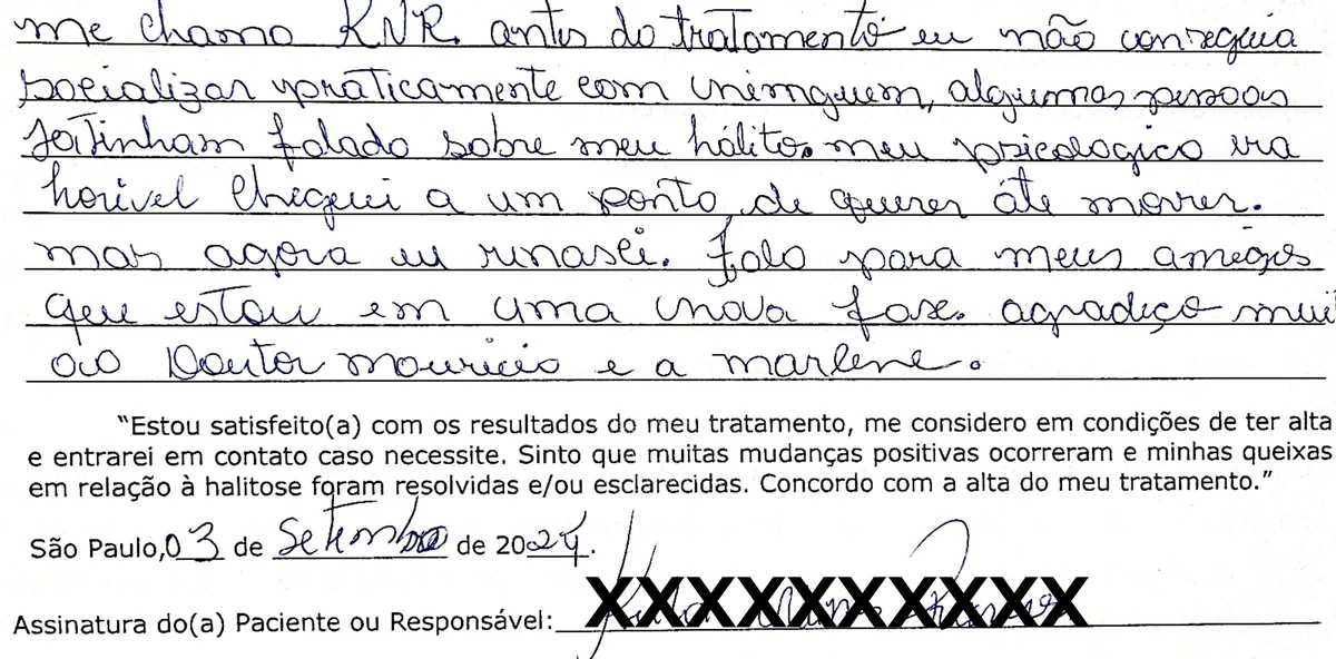 Depoimento manuscrito de paciente da Clínica Halitus