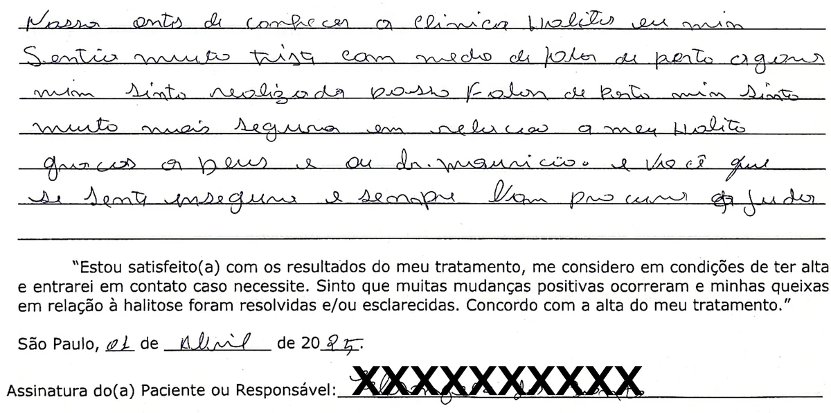 Depoimento manuscrito de paciente da Clínica Halitus