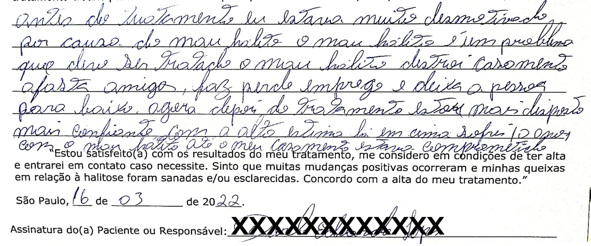 Depoimento manuscrito de paciente da Clínica Halitus