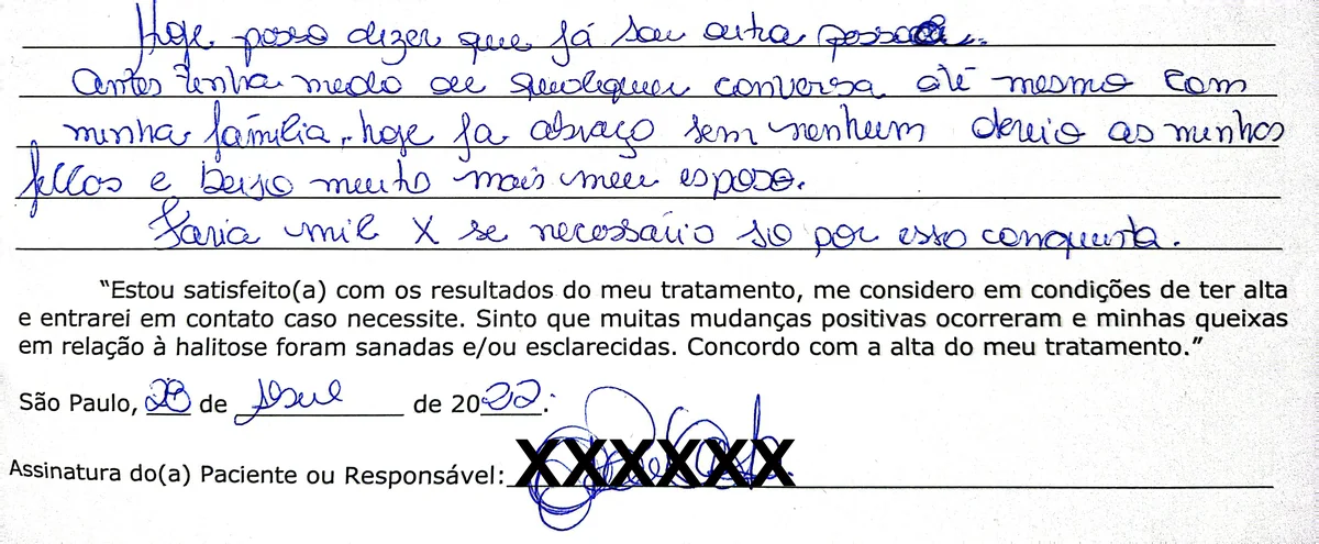 Depoimento manuscrito de paciente da Clínica Halitus