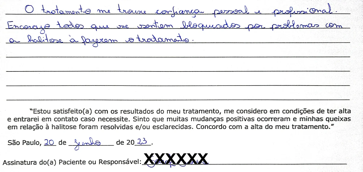 Depoimento manuscrito de paciente da Clínica Halitus