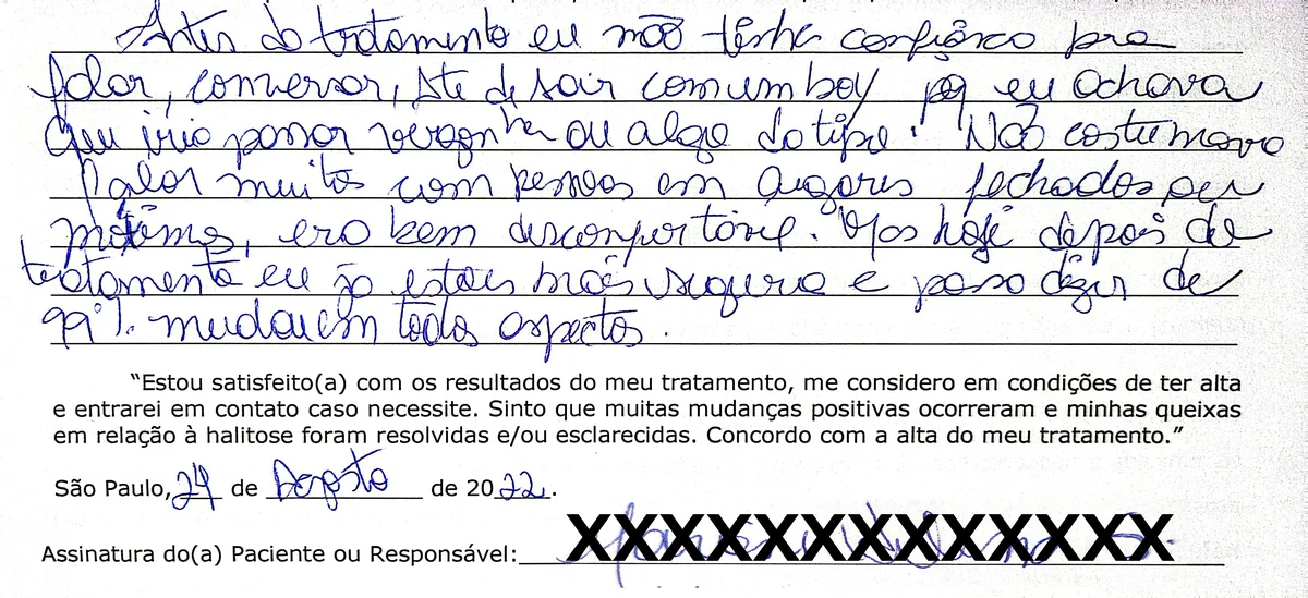 Depoimento manuscrito de paciente da Clínica Halitus