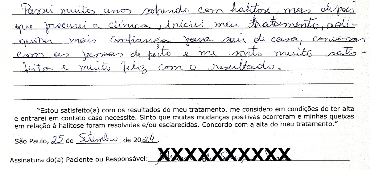 Depoimento manuscrito de paciente da Clínica Halitus