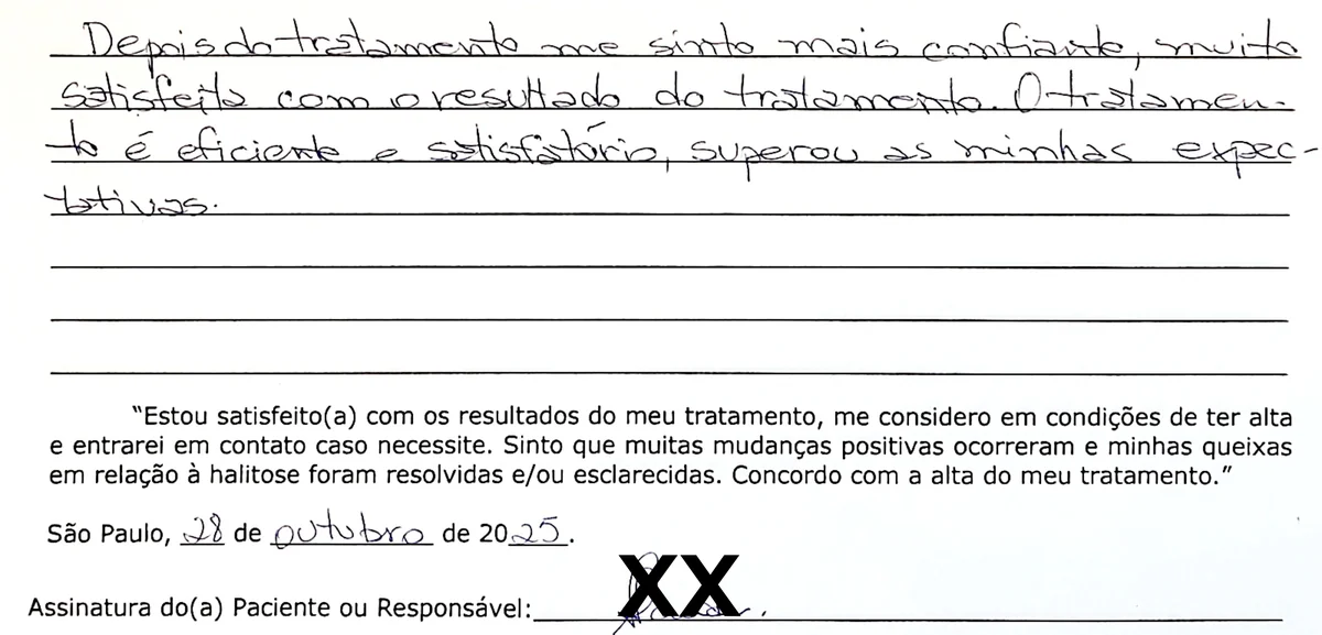 Depoimento manuscrito de paciente da Clínica Halitus