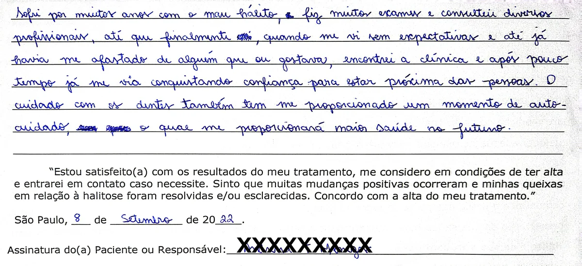 Depoimento manuscrito de paciente da Clínica Halitus