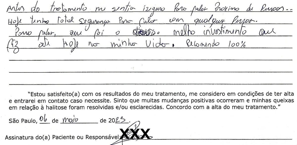 Depoimento manuscrito de paciente da Clínica Halitus