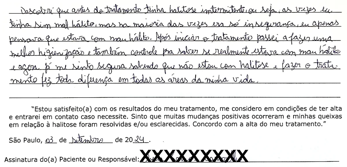 Depoimento manuscrito de paciente da Clínica Halitus