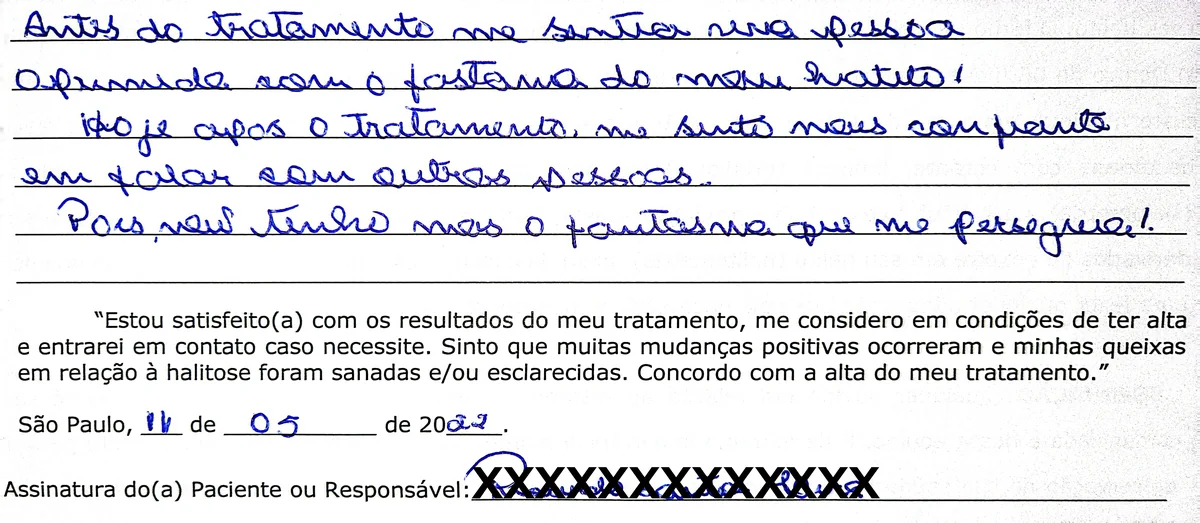 Depoimento manuscrito de paciente da Clínica Halitus