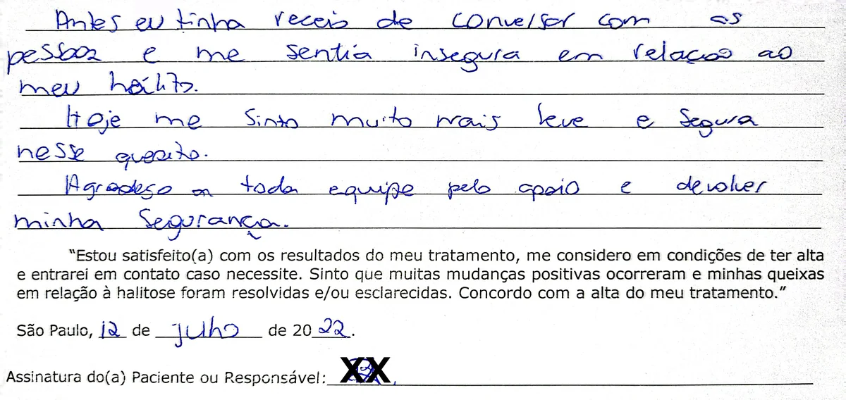 Depoimento manuscrito de paciente da Clínica Halitus