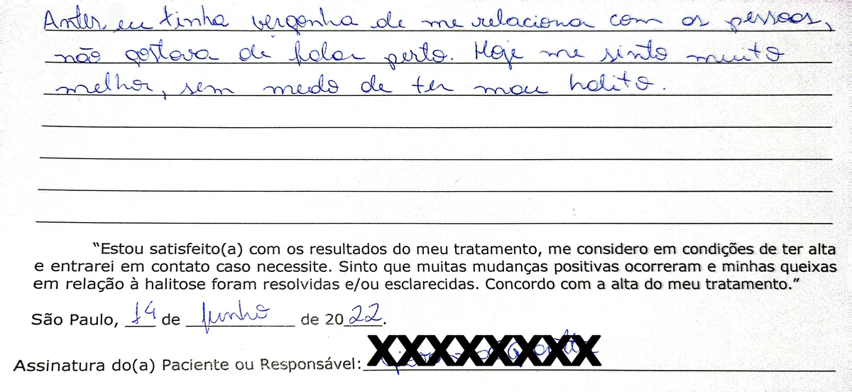 Depoimento manuscrito de paciente da Clínica Halitus