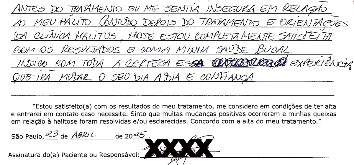 Depoimento manuscrito de paciente da Clínica Halitus