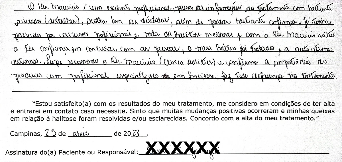Depoimento manuscrito de paciente da Clínica Halitus