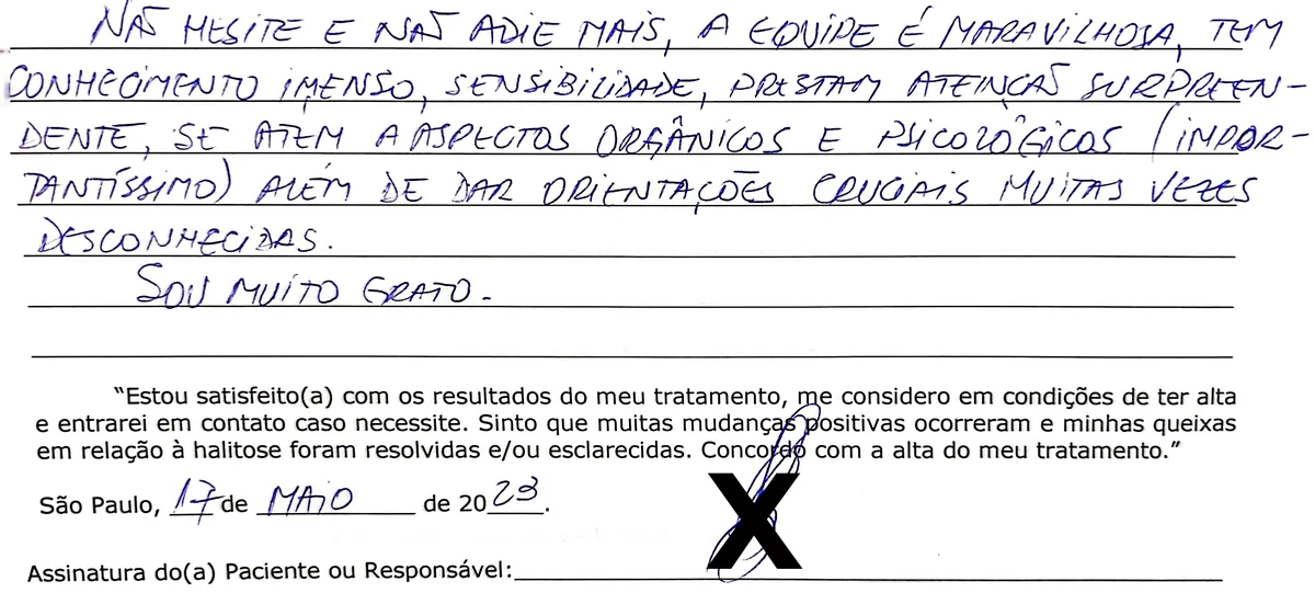 Depoimento manuscrito de paciente da Clínica Halitus