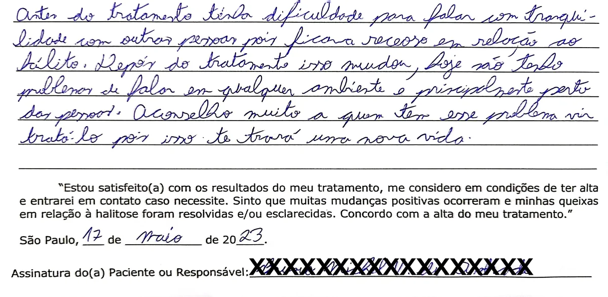 Depoimento manuscrito de paciente da Clínica Halitus