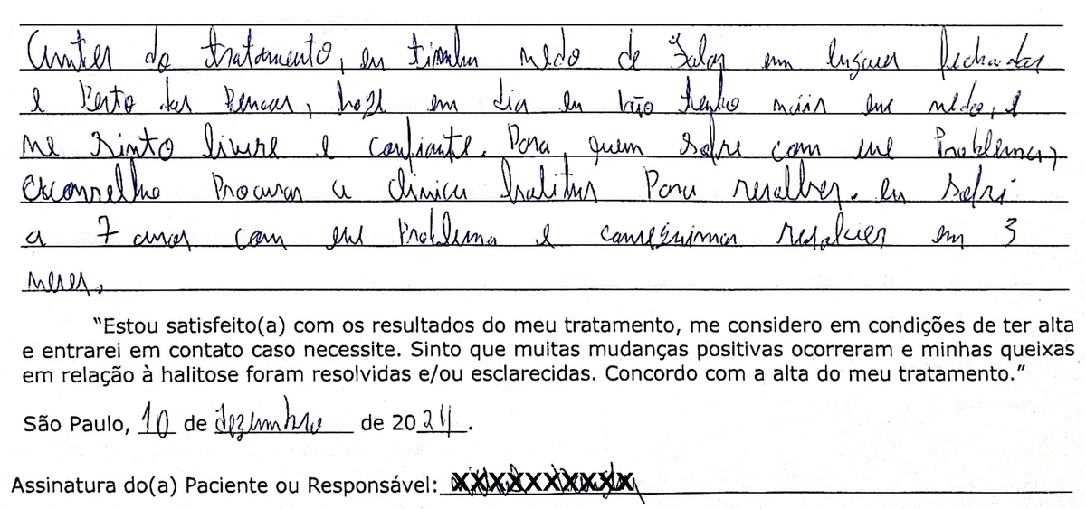 Depoimento manuscrito de paciente da Clínica Halitus