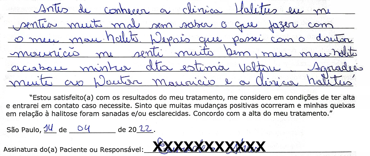 Depoimento manuscrito de paciente da Clínica Halitus