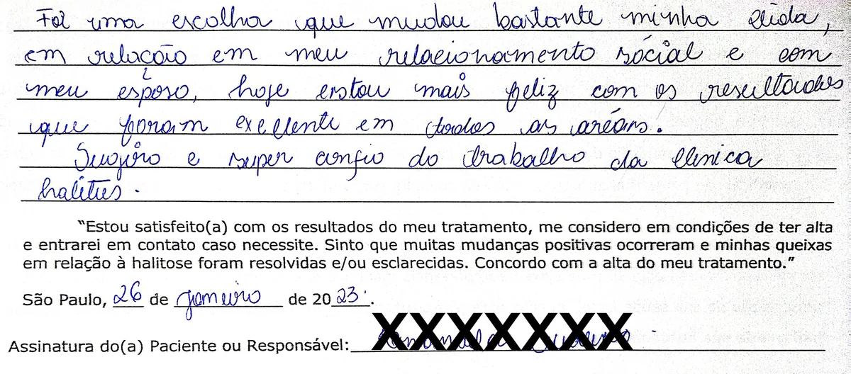 Depoimento manuscrito de paciente da Clínica Halitus