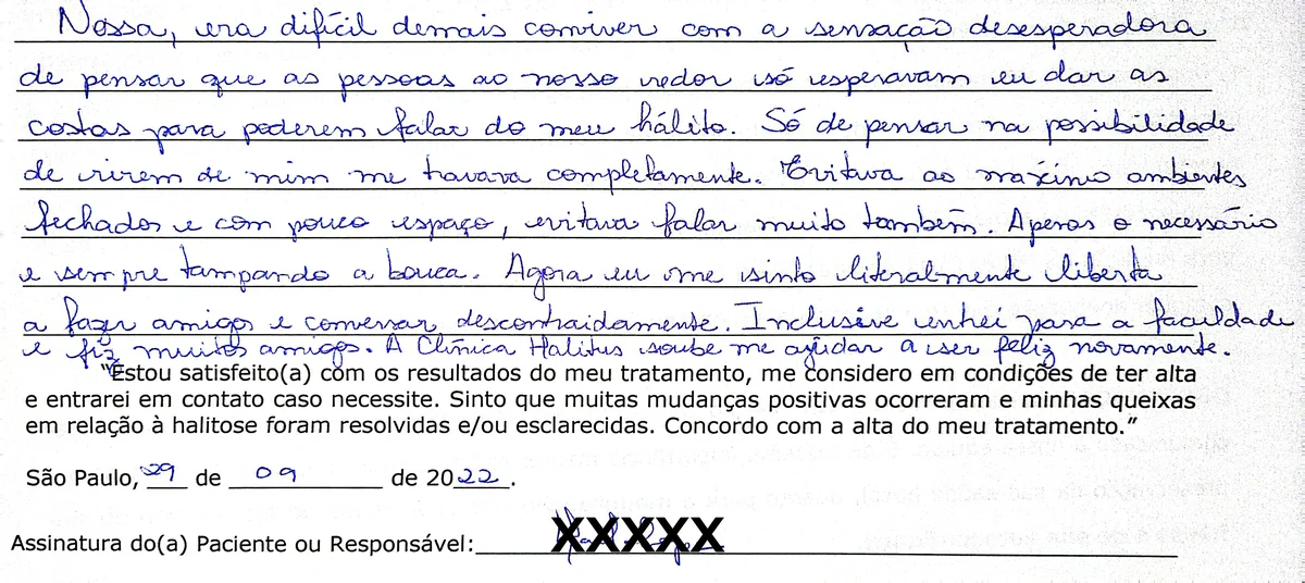 Depoimento manuscrito de paciente da Clínica Halitus