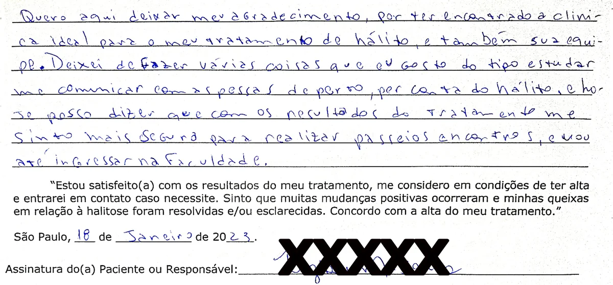 Depoimento manuscrito de paciente da Clínica Halitus