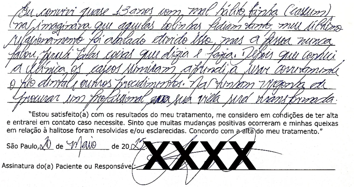 Depoimento manuscrito de paciente da Clínica Halitus