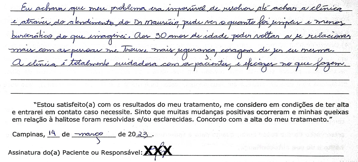 Depoimento manuscrito de paciente da Clínica Halitus