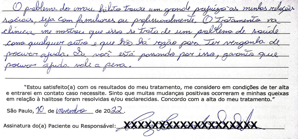 Depoimento manuscrito de paciente da Clínica Halitus