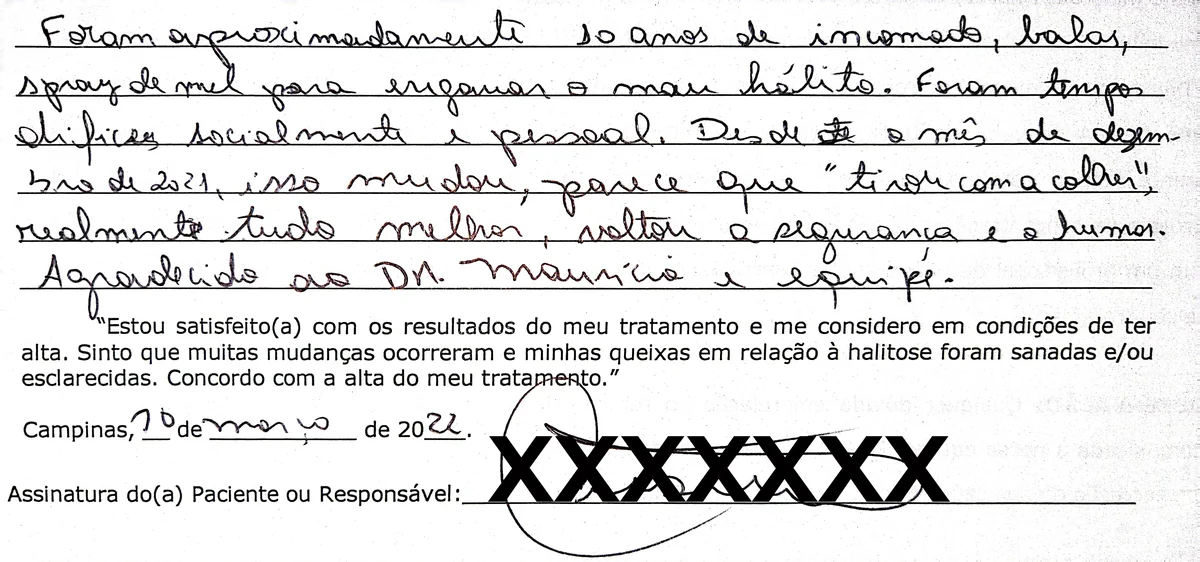 Depoimento manuscrito de paciente da Clínica Halitus