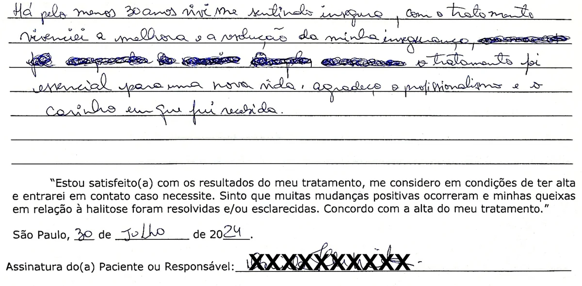 Depoimento manuscrito de paciente da Clínica Halitus
