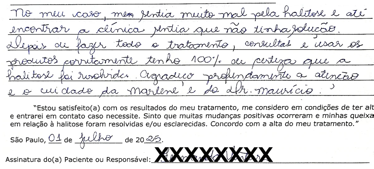 Depoimento manuscrito de paciente da Clínica Halitus