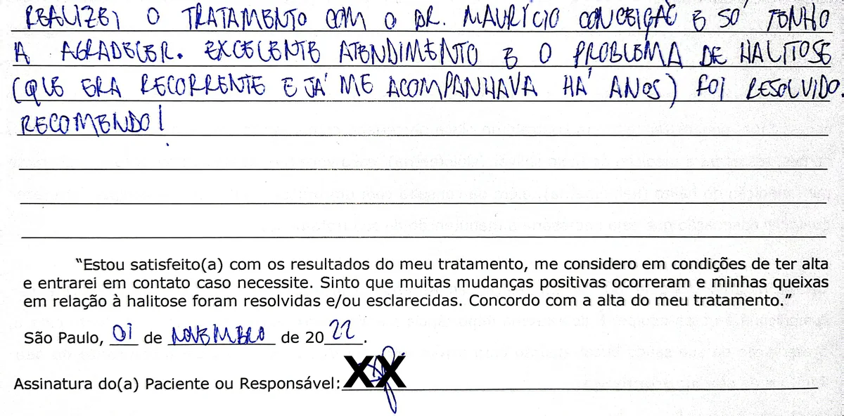 Depoimento manuscrito de paciente da Clínica Halitus
