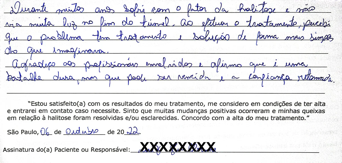 Depoimento manuscrito de paciente da Clínica Halitus