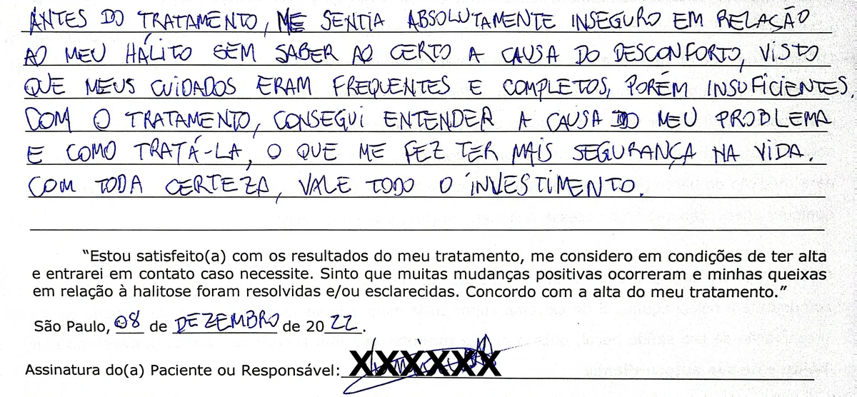Depoimento manuscrito de paciente da Clínica Halitus