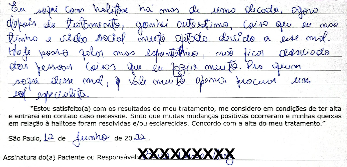 Depoimento manuscrito de paciente da Clínica Halitus