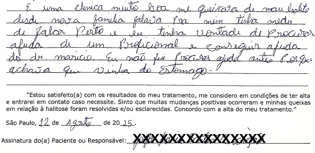 Depoimento manuscrito de paciente da Clínica Halitus